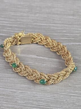Vintage Signed Grosse 1970 Germany Braided Foxtail Chain Bracelet with Jade Ston